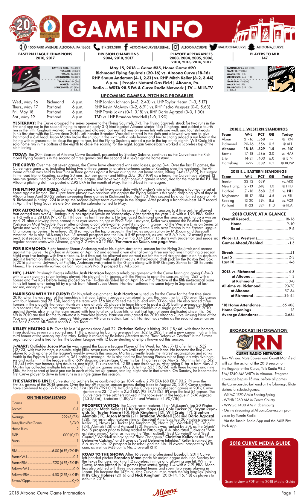 2018 Altoona Curve Game Information Page 1 2018 CURVE MEDIA GUIDE