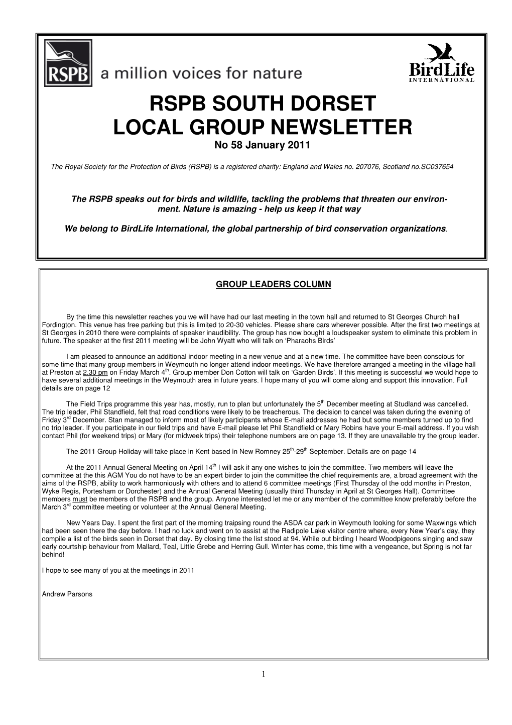 RSPB SOUTH DORSET LOCAL GROUP NEWSLETTER No 58 January 2011