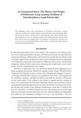 An Unexpected Story: the History and Origins of Princeton's Long-Standing Tradition of Interdisciplinary Legal Scholarship