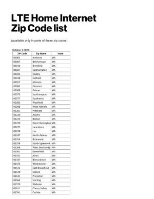 LTE Home Internet Zip Code List