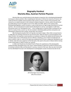 Biography Handout Marietta Blau, Austrian Particle Physicist
