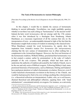 The Task of Hermeneutics in Ancient Philosophy in This Chapter, I Would