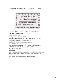 Trade Marks Journal No: 1429 , 01/12/2009 Class 3 Advertised
