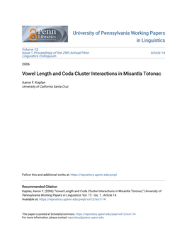 Vowel Length and Coda Cluster Interactions in Misantla Totonac
