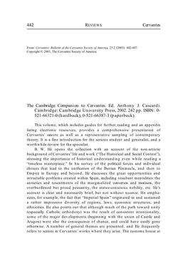 442 Cervantes the Cambridge Companion to Cervantes. Ed. Anthony J. Cascardi. Cambridge: Cambridge University Press, 2002. 242 Pp