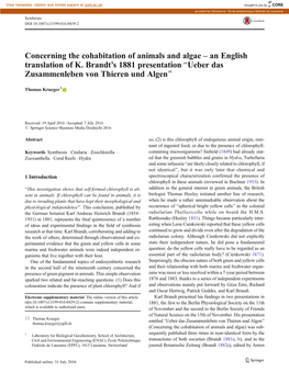 Concerning the Cohabitation of Animals and Algae – an English Translation of K