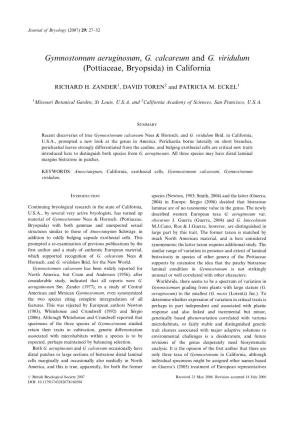 Gymnostomum Aeruginosum, G. Calcareum and G. Viridulum (Pottiaceae, Bryopsida) in California