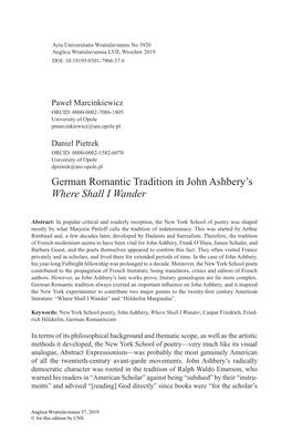 German Romantic Tradition in John Ashbery's Where Shall I Wander