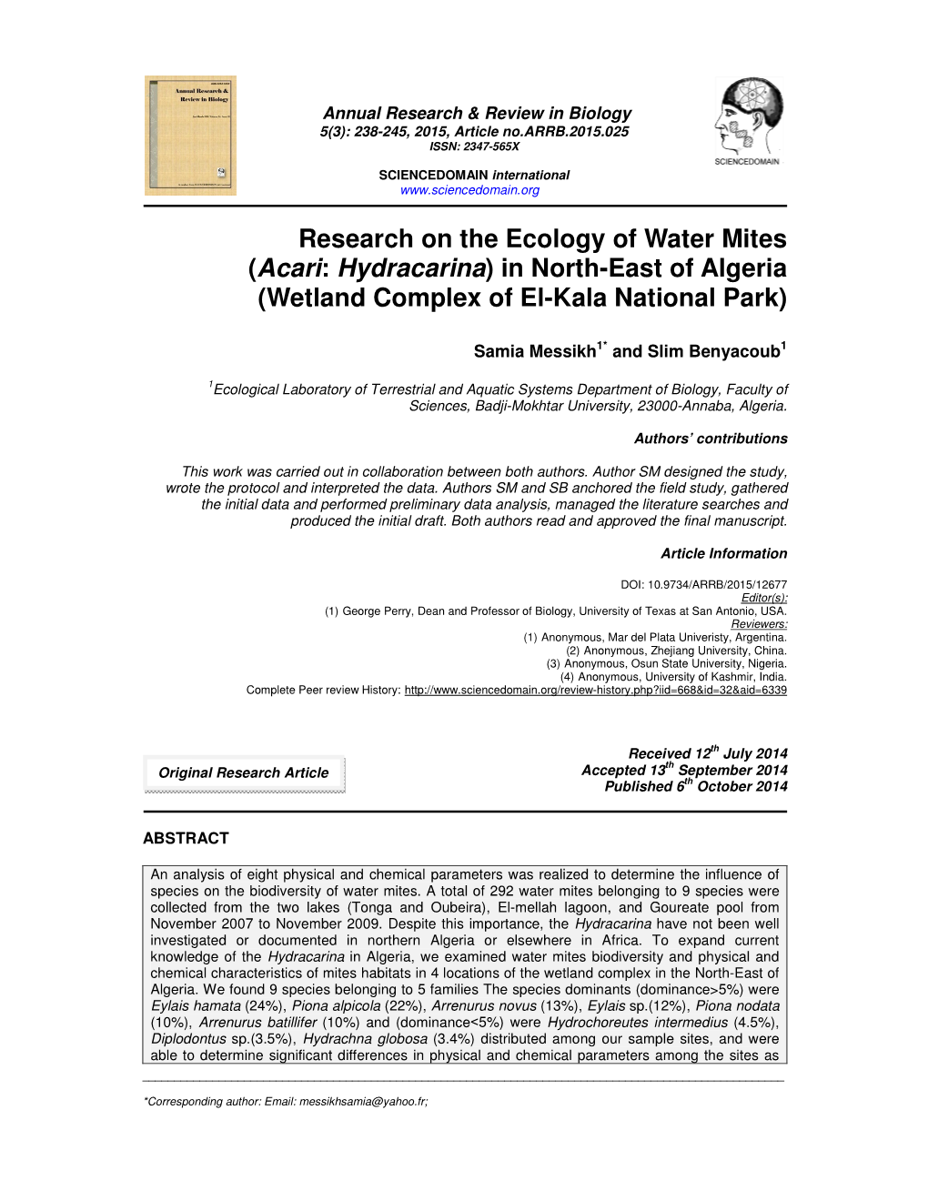 Research on the Ecology of Water Mites (Acari: Hydracarina) in North-East of Algeria (Wetland Complex of El-Kala National Park)