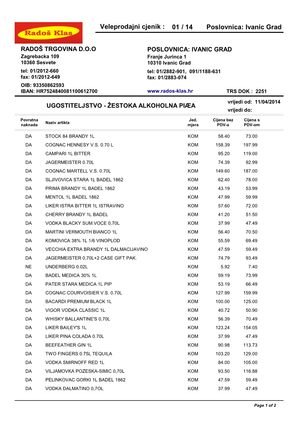 Veleprodajni Cjenik : Poslovnica: Ivanic Grad 01 / 14