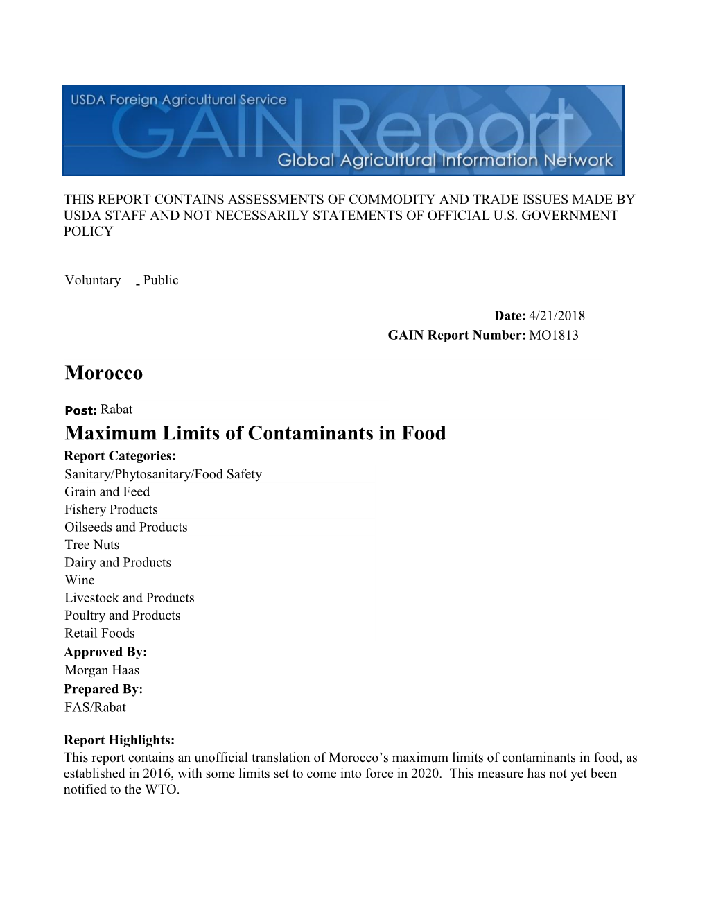 Maximum Limits of Contaminants in Food Morocco