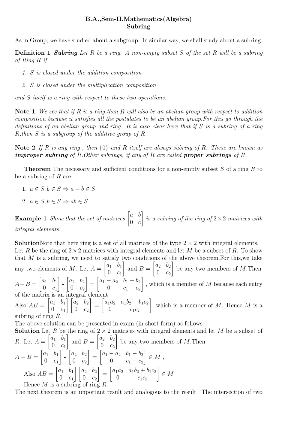 B.A.,Sem-II,Mathematics(Algebra) Subring As in Group, We Have