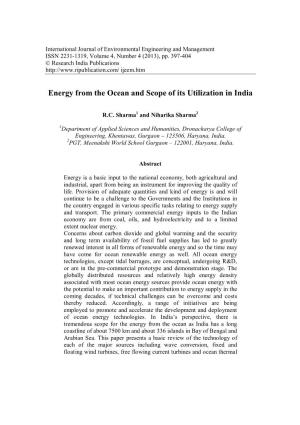 Energy from the Ocean and Scope of Its Utilization in India