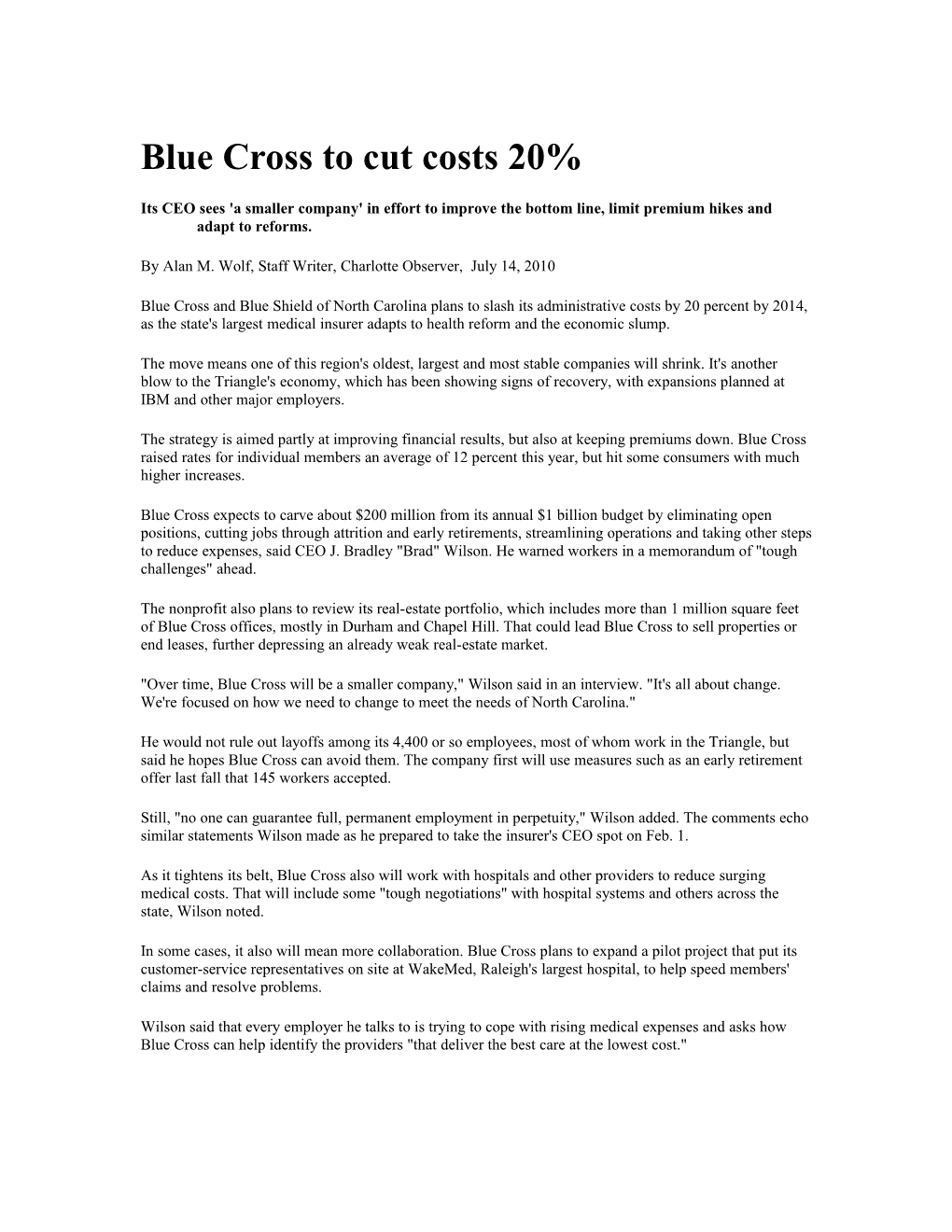 Blue Cross to Cut Costs 20%