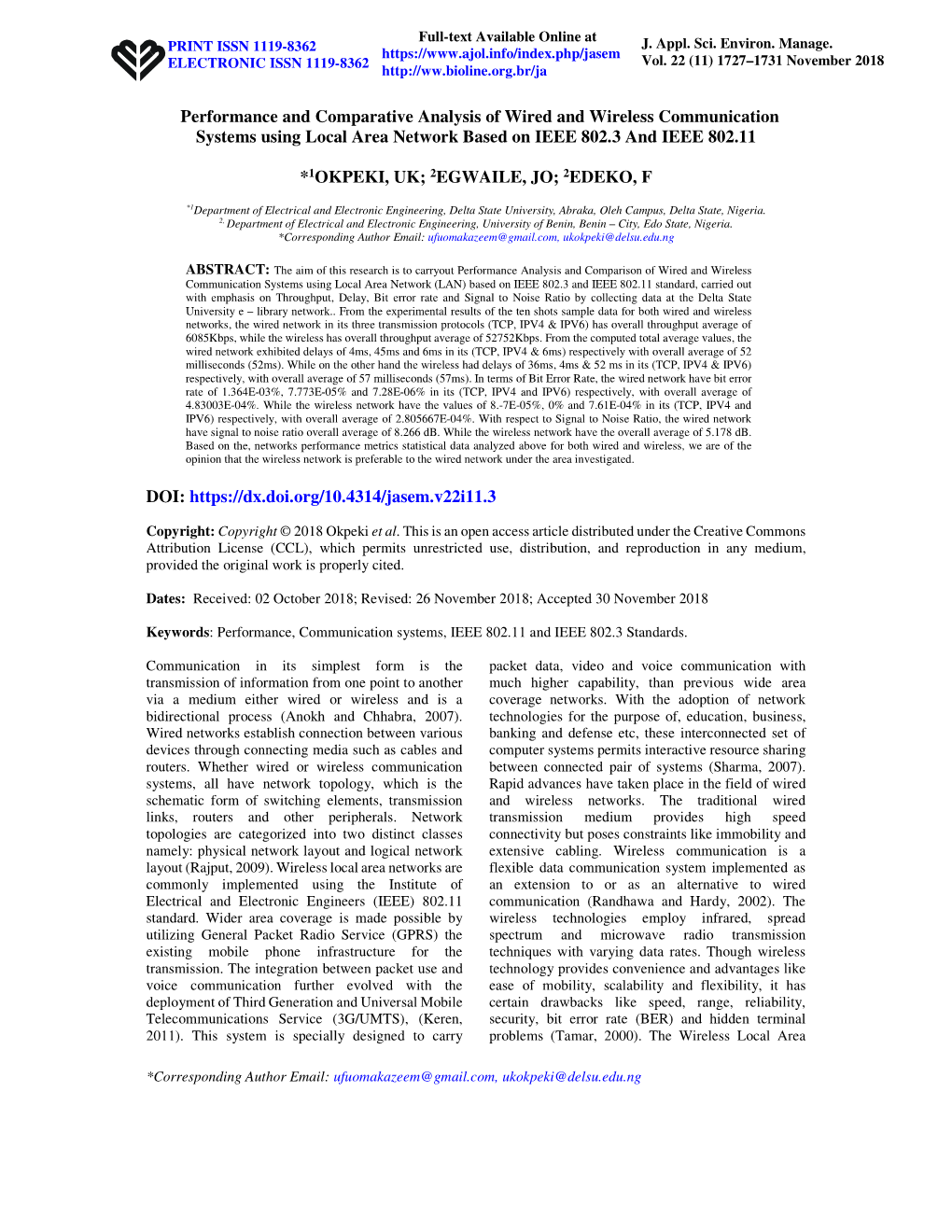 Performance and Comparative Analysis of Wired and Wireless Communication Systems Using Local Area Network Based on IEEE 802.3 and IEEE 802.11