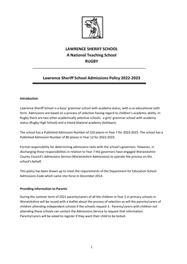 Admissions Policy 2022-2023
