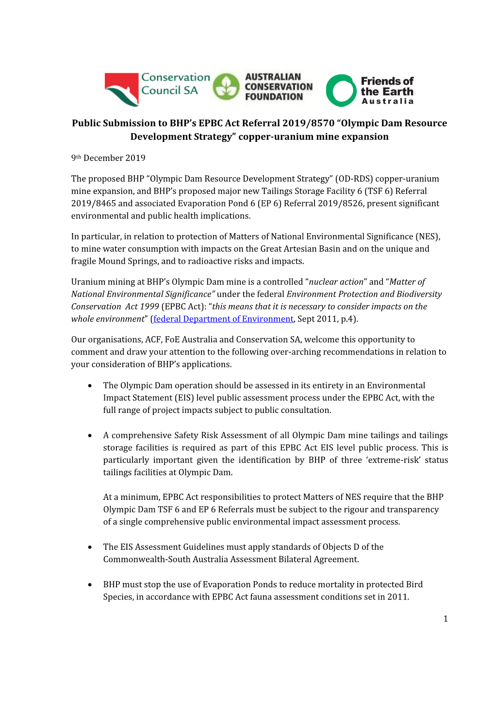 Public Submission to BHP's EPBC Act Referral 2019/8570 “Olympic Dam