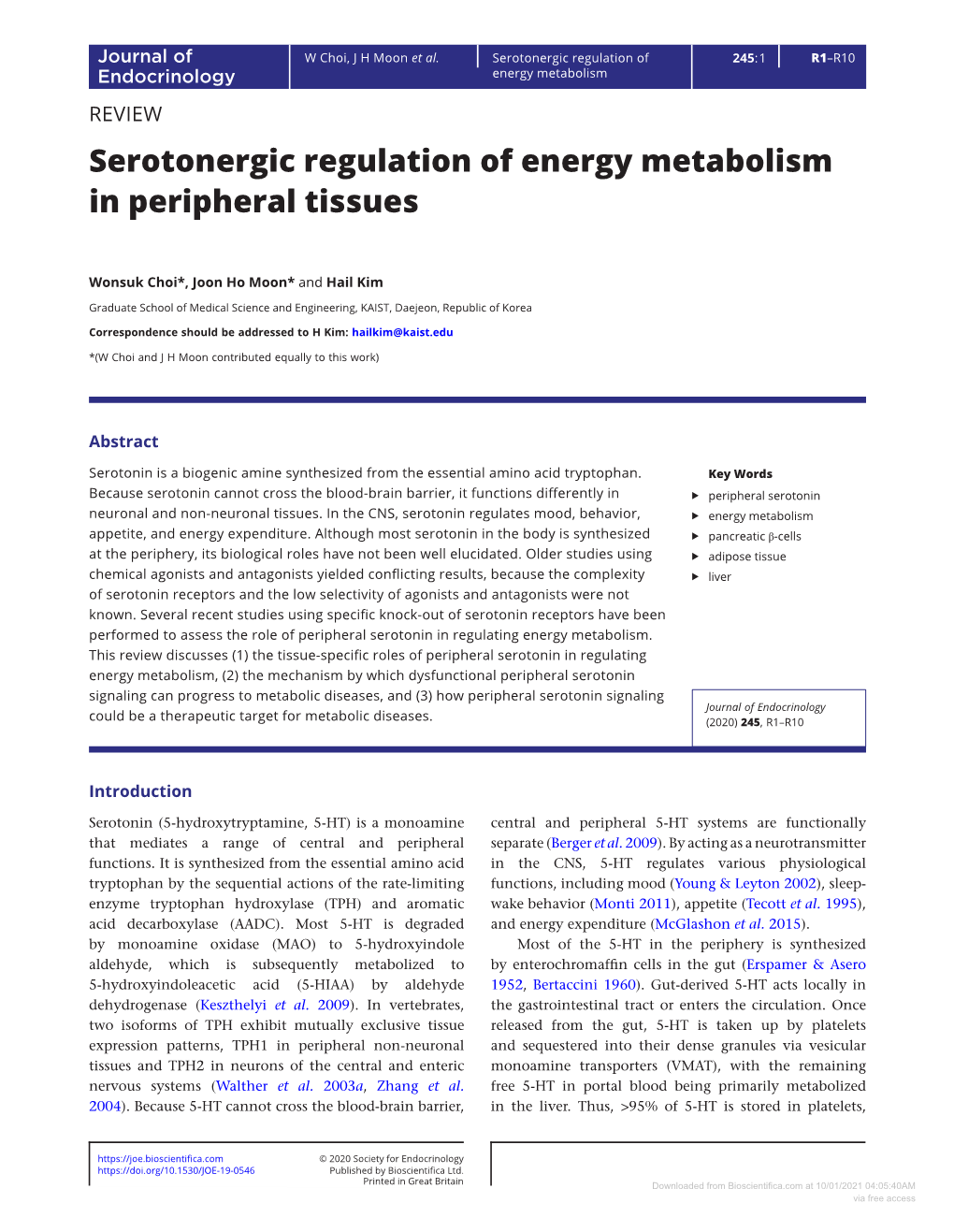Serotonergic Regulation of Energy Metabolism in Peripheral Tissues
