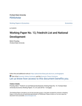 Working Paper No. 13, Friedrich List and National Development