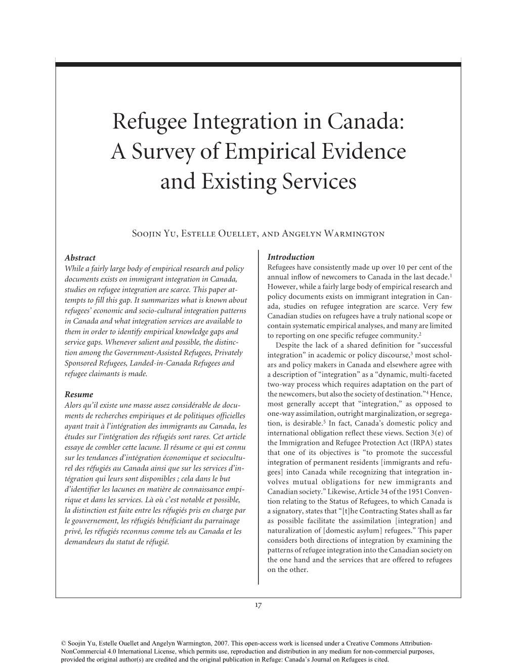 Refugee Integration in Canada: a Survey of Empirical Evidence and Existing Services