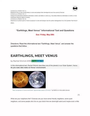 Earthlings, Meet Venus” Informational Text and Questions
