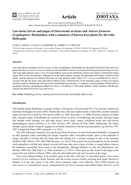 Last Instar Larvae and Pupae of Ourocnemis Archytas and Anteros Formosus (Lepidoptera: Riodinidae), with a Summary of Known Host Plants for the Tribe Helicopini