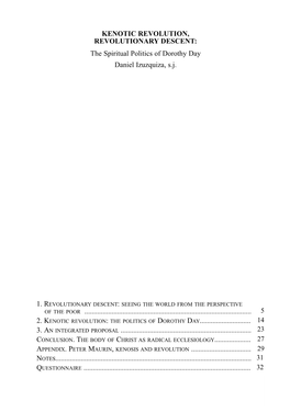 KENOTIC REVOLUTION, REVOLUTIONARY DESCENT: the Spiritual Politics of Dorothy Day Daniel Izuzquiza, S.J