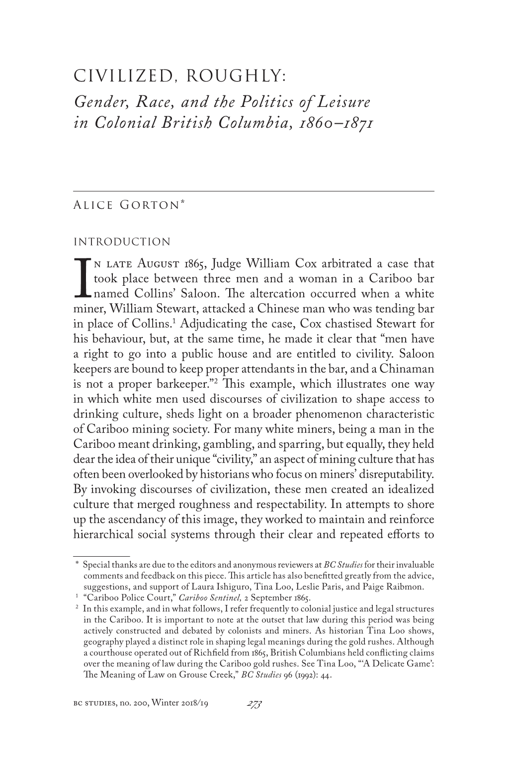 Gender, Race, and the Politics of Leisure in Colonial British Columbia, 1860–1871