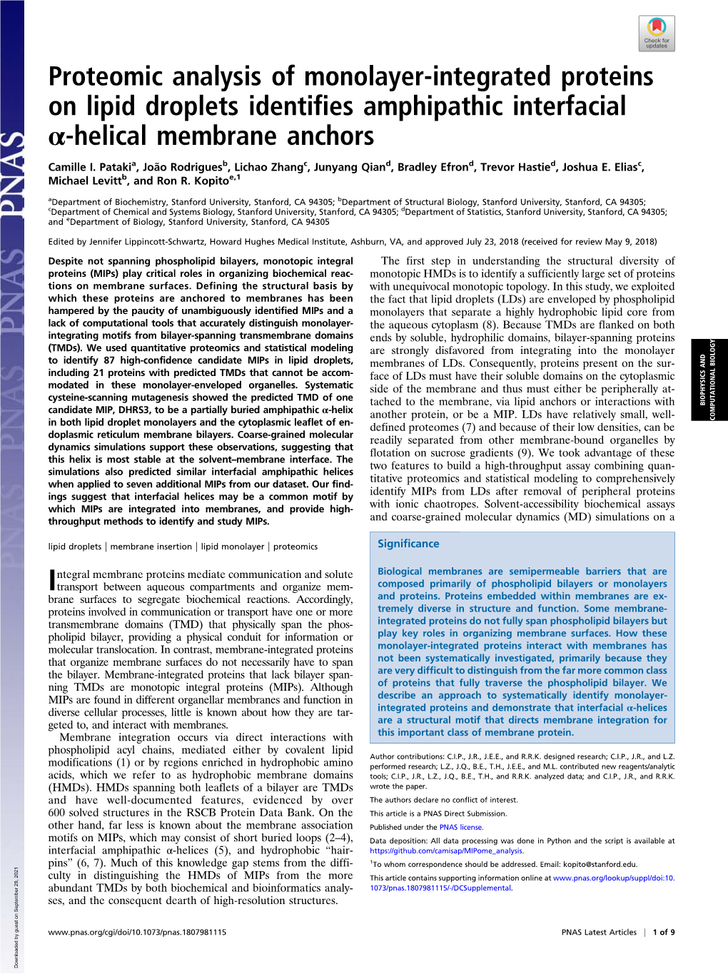 Proteomic Analysis of Monolayer-Integrated Proteins on Lipid Droplets Identifies Amphipathic Interfacial Α-Helical Membrane Anchors