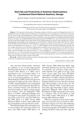 Nest Fate and Productivity of American Oystercatchers, Cumberland Island National Seashore, Georgia