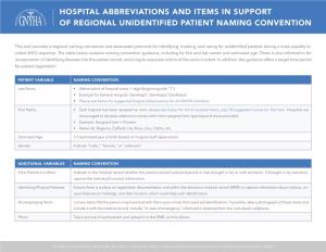 Hospital Abbreviations and Items in Support of Regional Unidentified Patient Naming Convention