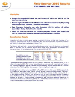First-Quarter 2010 Results for IMMEDIATE RELEASE