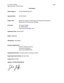 Dr. Scott A. Shaffer UCSC Agreement No. 12170-‐B-‐G104 Final Report