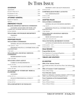 TABLE of CONTENTS 46 Texreg 2513 Notice of Opportunity to Comment on Agreed Orders of Administra- General Land Office Tive Enforcement Actions