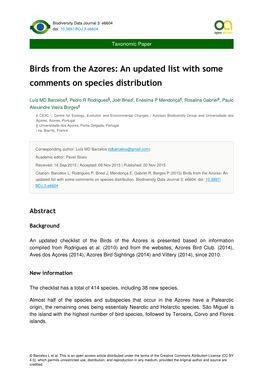 Birds from the Azores: an Updated List with Some Comments on Species Distribution