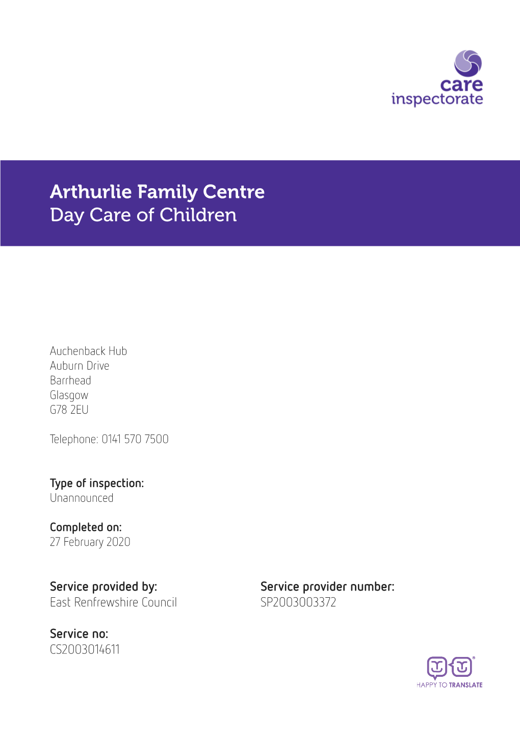 Arthurlie Family Centre Day Care of Children