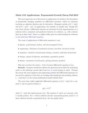Math 1131 Applications: Exponential Growth/Decay Fall 2019