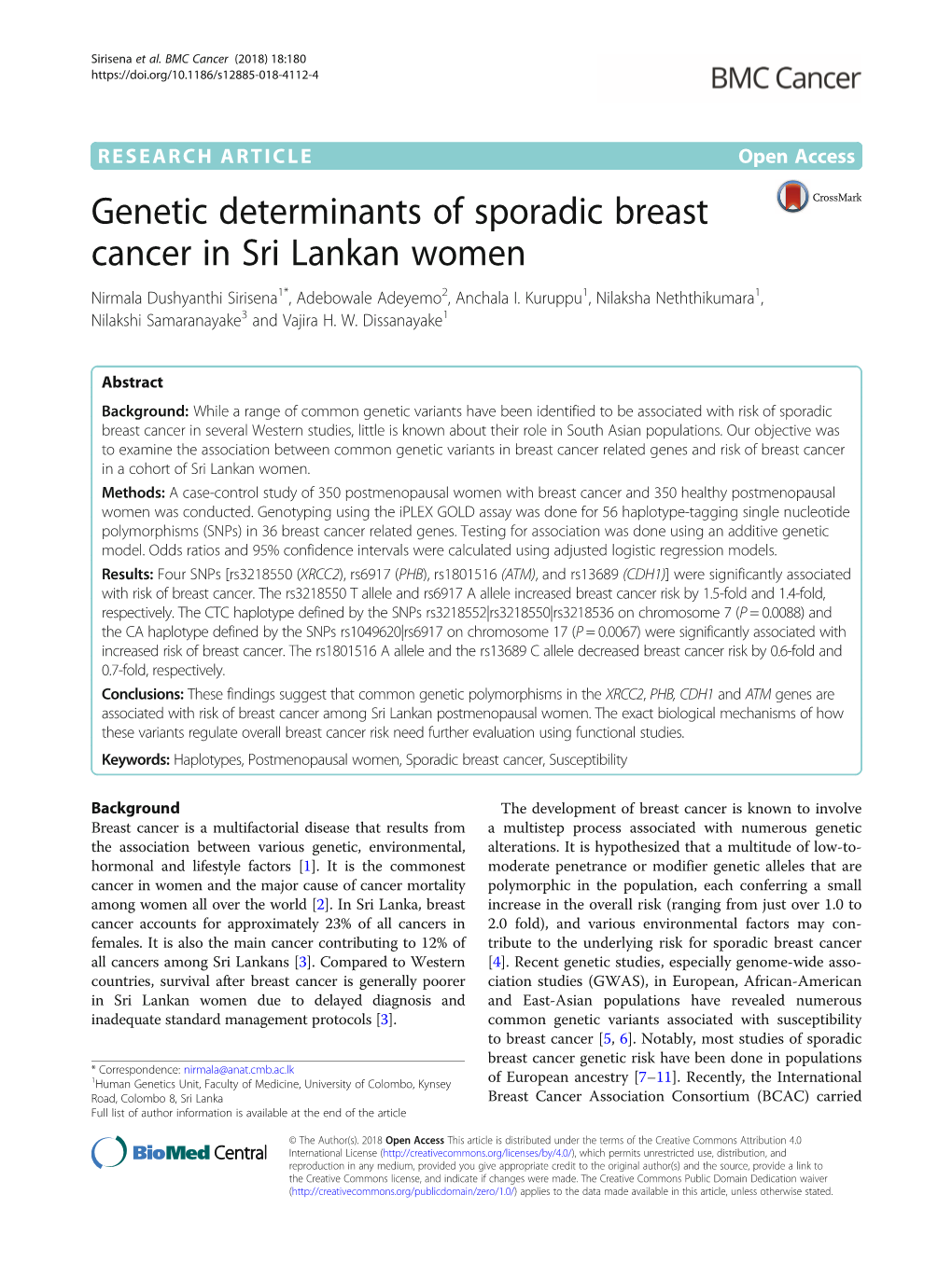 Genetic Determinants of Sporadic Breast Cancer in Sri Lankan Women Nirmala Dushyanthi Sirisena1*, Adebowale Adeyemo2, Anchala I