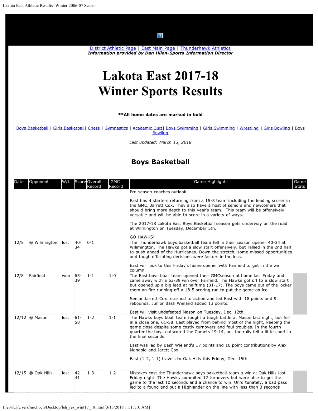 Lakota East Athletic Results- Winter 2006-07 Season