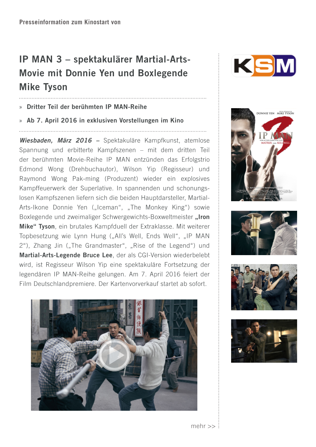 IP MAN 3 – Spektakulärer Martial-Arts- Movie Mit Donnie Yen Und Boxlegende Mike Tyson