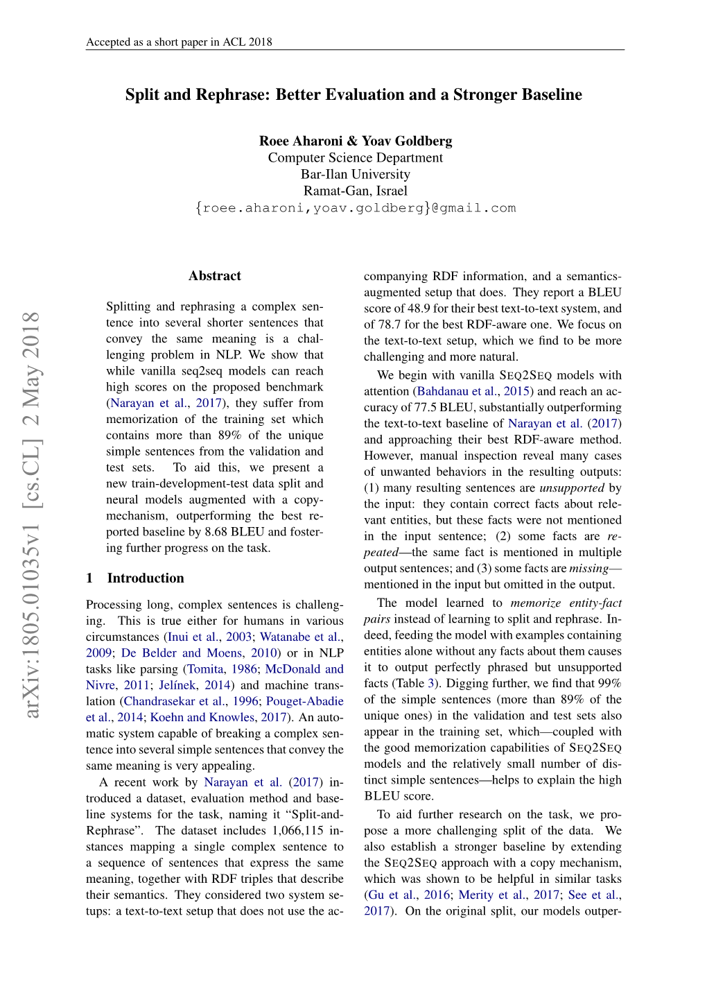 Arxiv:1805.01035V1 [Cs.CL] 2 May 2018 Et Al., 2014; Koehn and Knowles, 2017)