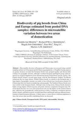 Biodiversity of Pig Breeds from China and Europe Estimated from Pooled DNA Samples: Diﬀerences in Microsatellite Variation Between Two Areas of Domestication