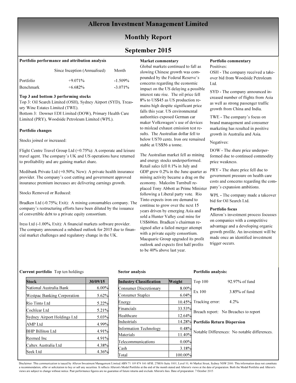 Alleron Investment Management Limited Monthly Report September 2015