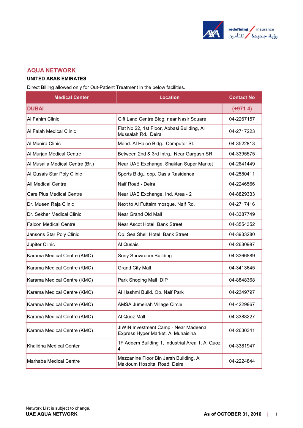 AQUA NETWORK UNITED ARAB EMIRATES Direct Billing Allowed Only for Out-Patient Treatment in the Below Facilities