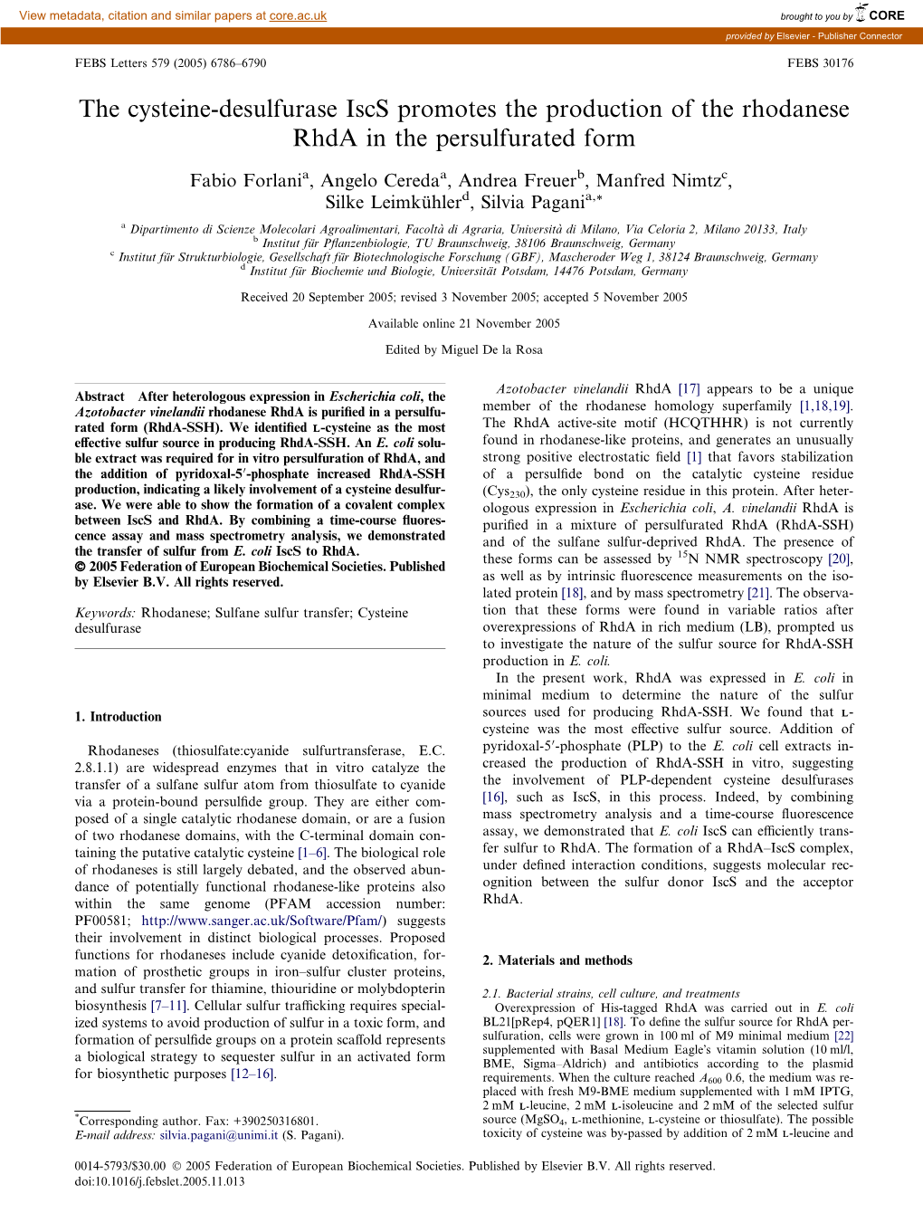 The Cysteine-Desulfurase Iscs Promotes the Production of the Rhodanese Rhda in the Persulfurated Form