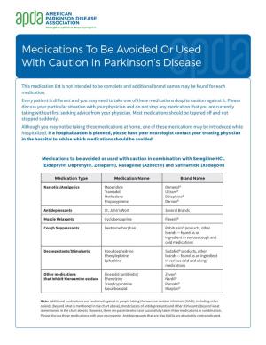 Medications to Be Avoided Or Used with Caution in Parkinson's Disease