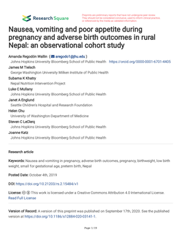 Nausea, Vomiting and Poor Appetite During Pregnancy and Adverse Birth Outcomes in Rural Nepal: an Observational Cohort Study