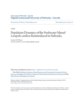 Population Dynamics of the Freshwater Mussel Lampsilis Cardium Reintroduced in Nebraska Lindsay M