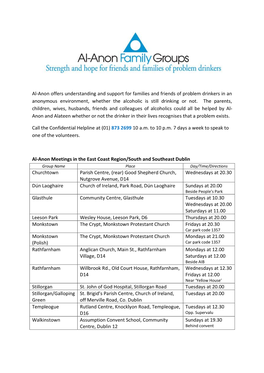 Al-Anon Offers Understanding and Support for Families and Friends of Problem Drinkers in an Anonymous Environment, Whether the Alcoholic Is Still Drinking Or Not