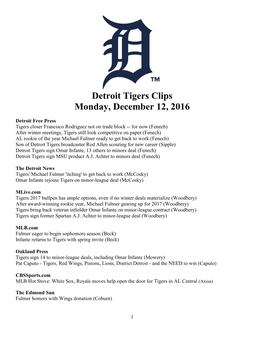 Detroit Tigers Clips Monday, December 12, 2016